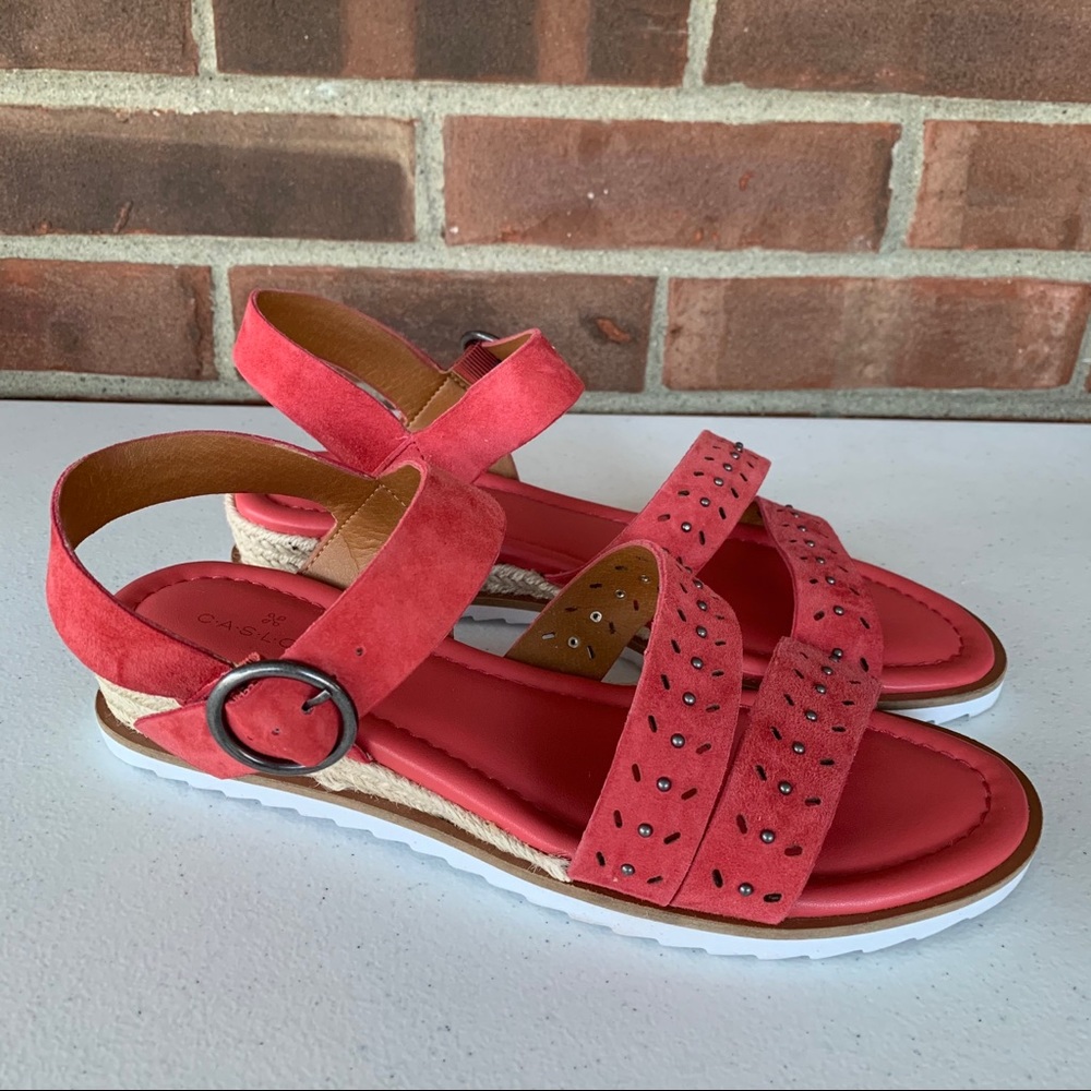 New Caslon red leather low wedge studded sandals